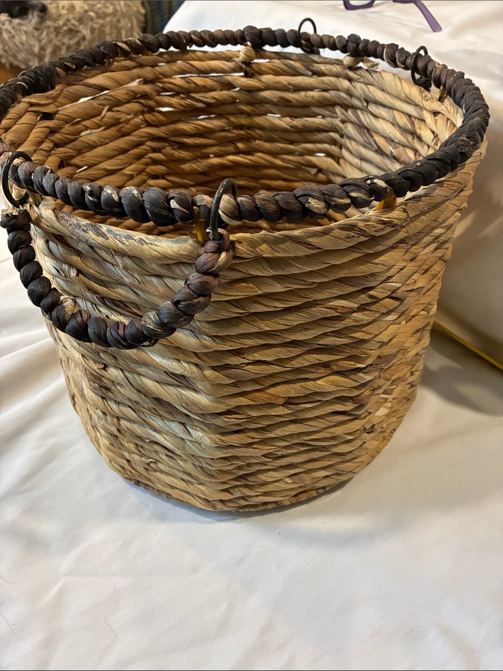 Handwoven Natural Seagrass Basket W/ Dark Trim Handles Metal Rings Heavy Basket